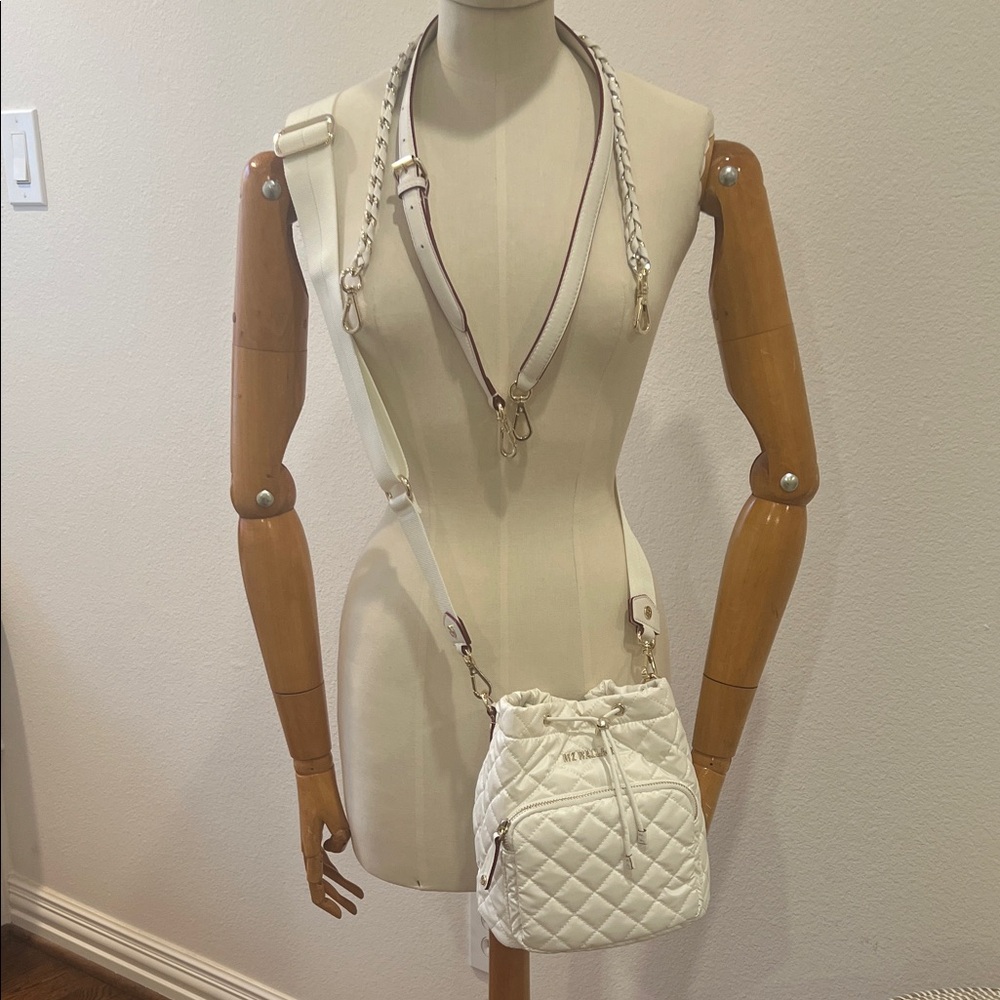 MZ Wallace White Quilted Crossbody Bucket Bag with Gold Hardware